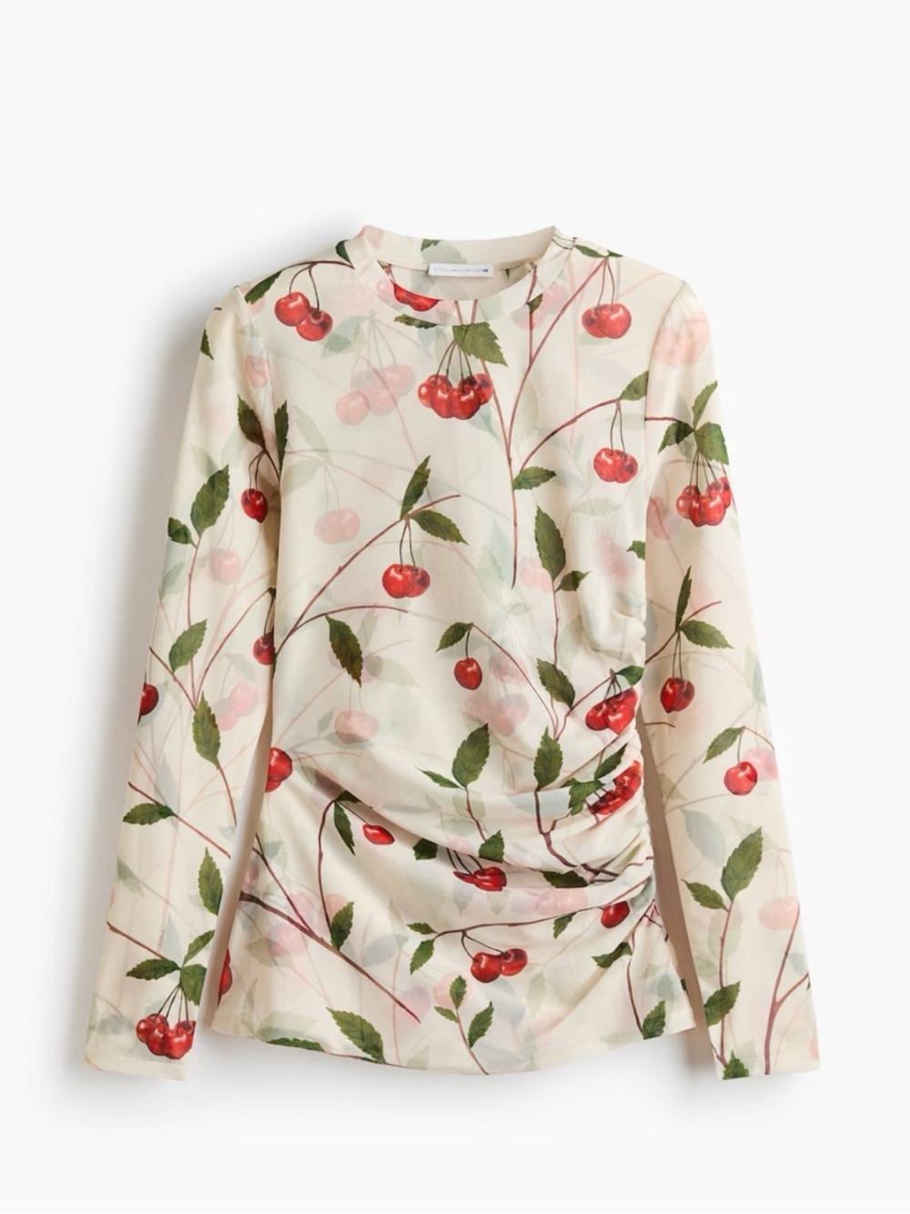 H&M x Stella McCartney Sheer Cherry-Print Long Sleeve Top - White, Red, Green - Picture 2 of 3